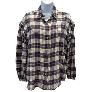 Rails Willow Plaid Shirt Small | Almond‎ Pink Navy | Ruffle Shoulder Fall Button